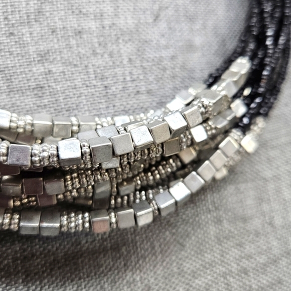 Unique Black Seed Bead Multi-Strand Necklace Silver-Tone Accents Boho - Picture 4 of 6